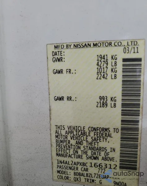 2011 Nissan Altima 2.5 S z USA, uszkodzony, nr VIN 1N4AL2APXBC166312